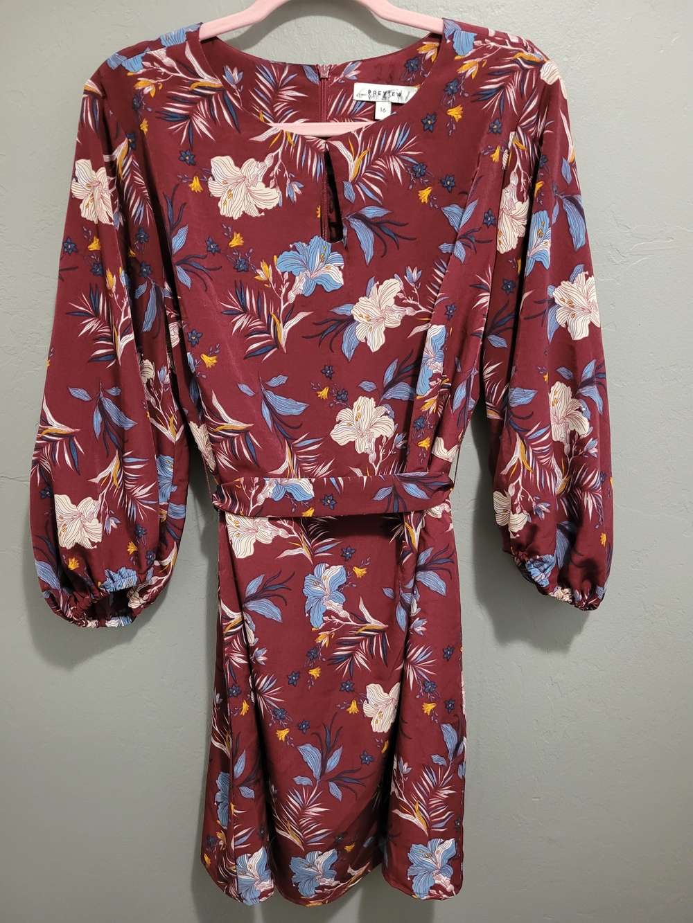 Floral Tie-Waist Dress in Burgundy Vacation Workwear
